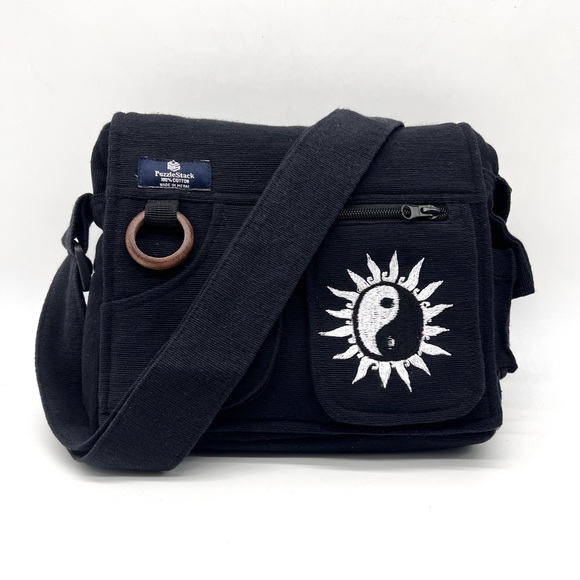 Lukla Messenger Bag Black with Yin Yang Embroidery - Picture 1 of 10